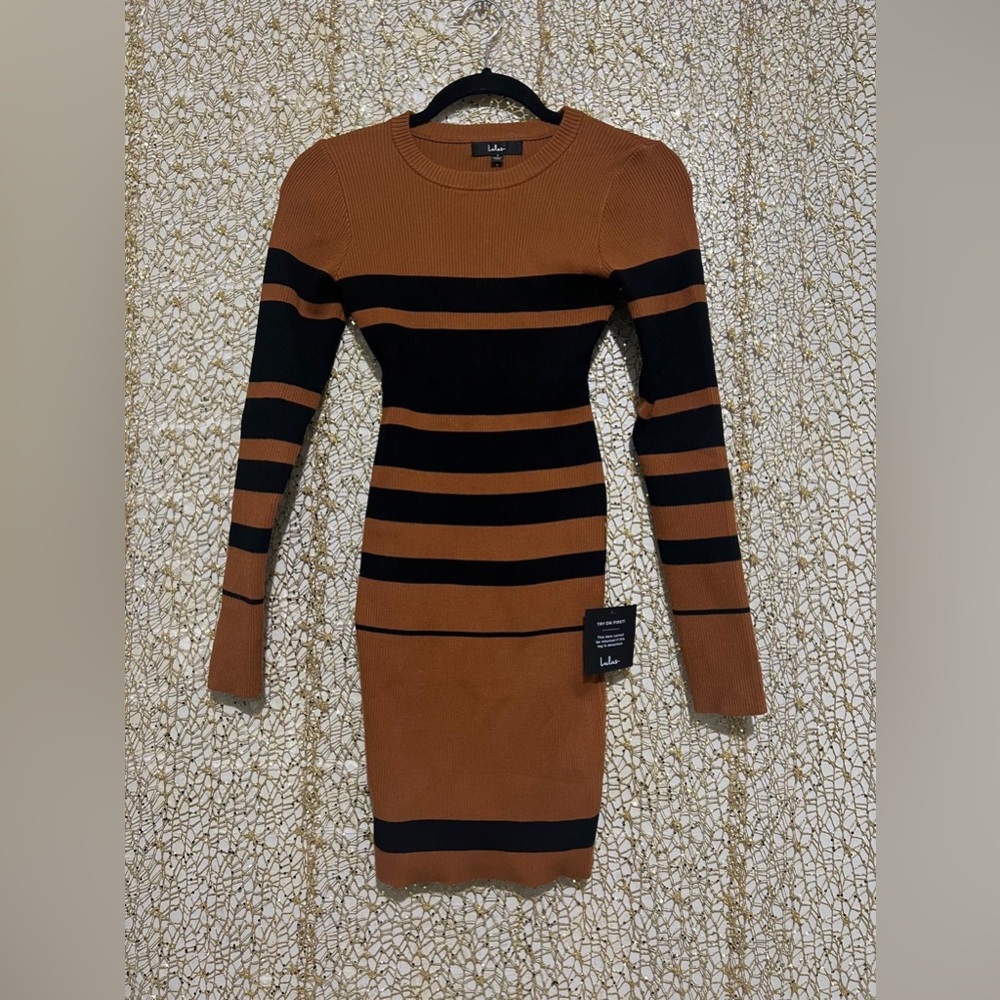 Lulu's Tan and Black Striped Long Sleeve Dress